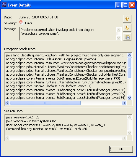 Detail dialog for error log view