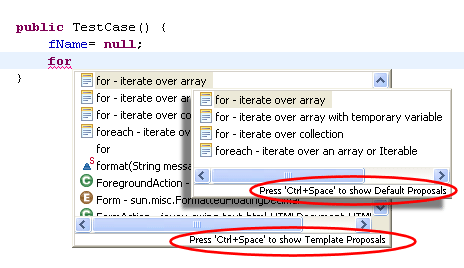 Content assist popup with Java proposals; repeated invocation brings up template proposals
