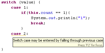 Java editor with fall through warning