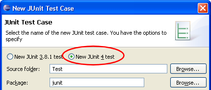 JUnit 4 support in the New Test Case wizard