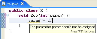 Java editor with parameter assigment warning