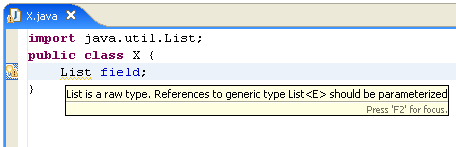 Java editor with usage of a raw type