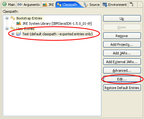 Claspath tab in launch configuration dialog