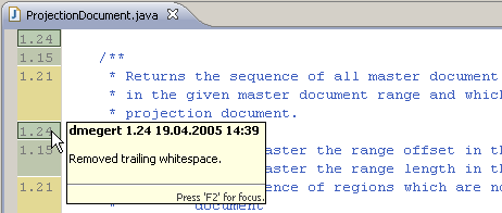 Screenshot of an annotated Java editor - the ruler shows revision numbers, while its background is colored by committer