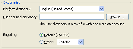 Picture showing the dictionary section from the Spelling preference page
