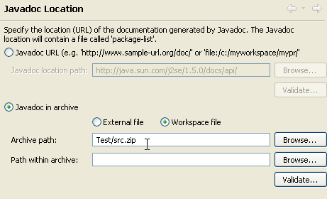 Screenshot of the Javadoc location configuration dialog
