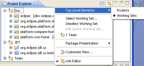 Working Sets top level groupings submenu in Project Explorer