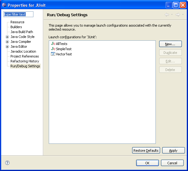 Run/Debug settings property page showing launch configurations associated with the selected resource