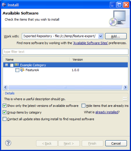 Install new software dialog displays exported categories