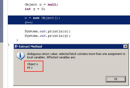 Extract method refactoring with an ambiguous return value error