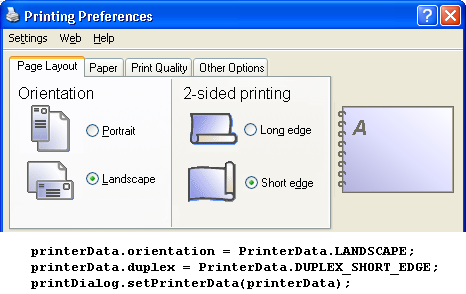 PrintDialog showing double-sided landscape printing that can be bound on the short edge