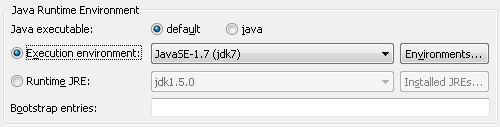 Java runtime settings on the Main tab of PDE launch configurations