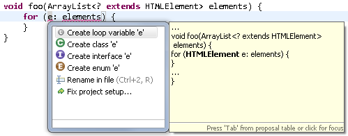 Corrects 'for (e: elements) {}' to 'for (ElementType e: elements) {}'