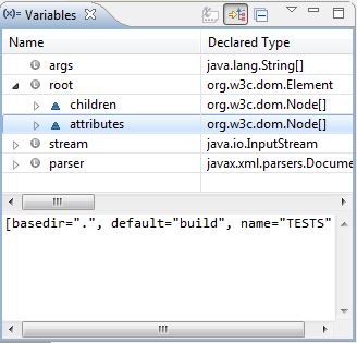 Variables view showing the XML DOM logical structure