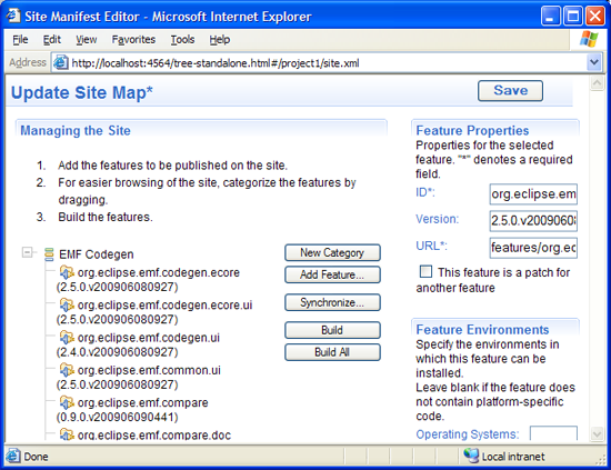 web browser with site manifest editor