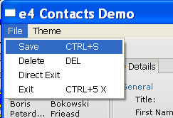 The contact demo menu with keybindings