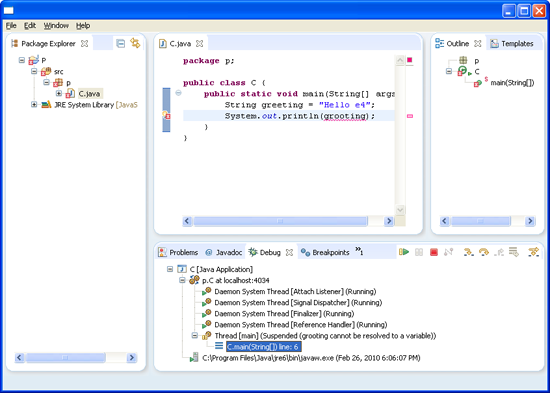 An e4 application's window can be seen rendering
    Eclipse 3.x views and editors. The application has been suspended due to a compiler error and the
    variables of the currently selected stack frame are displayed to the user for analysis.