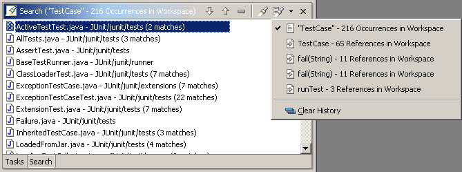 Previous search results menu