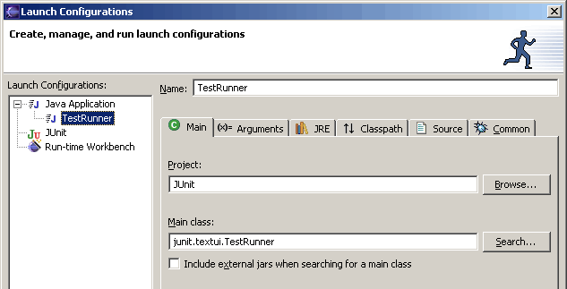 Launch configuration dialog showing the Main tab