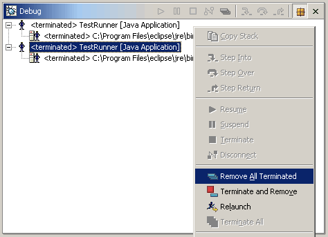 Debug view showing context menu