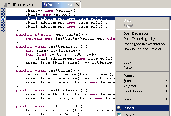 VectorTest.java editor with selected breakpoint line showing context menu