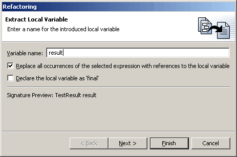 Parameters Page for the Extracting a local variable Refactoring Command