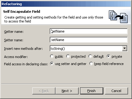 Parameters Page for the Self Encapsulate Field Refactoring Command