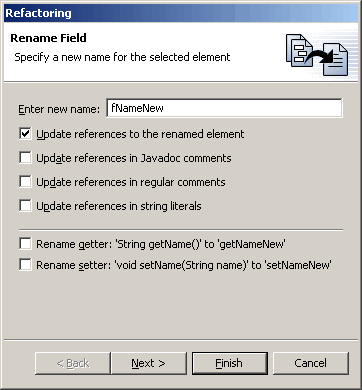 Parameters Page for the Rename Field Refactoring Command