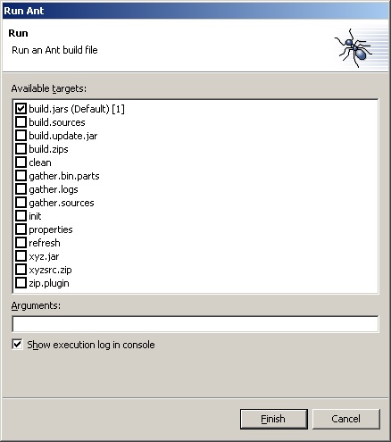 Ant execution wizard showing available targets