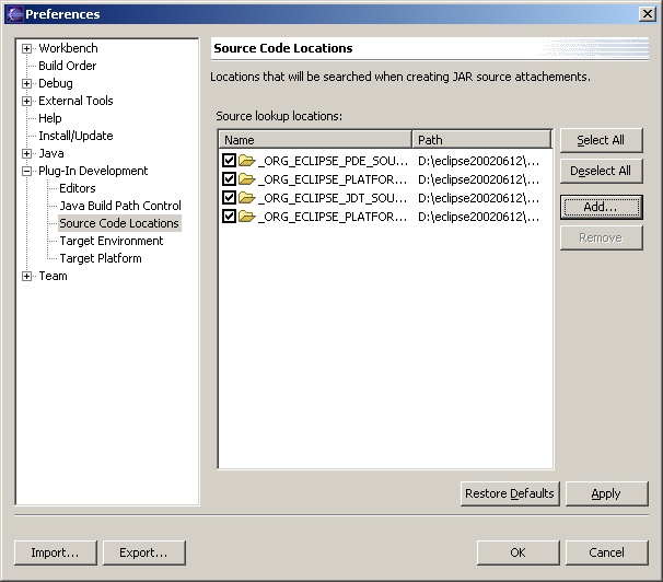 PDE Preferences - Source Code Locations