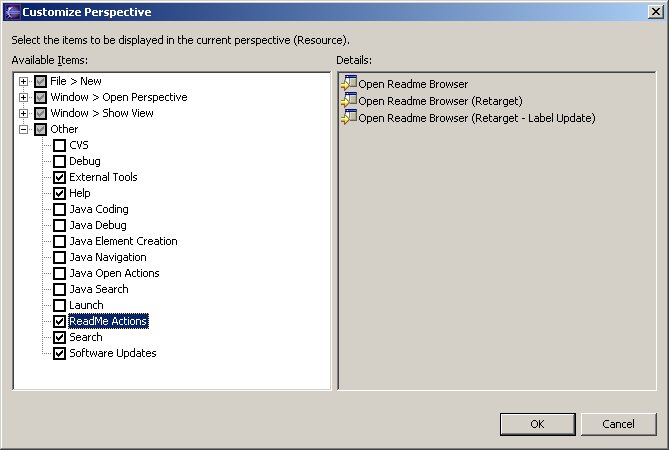 Customize Perspective dialog with action set list