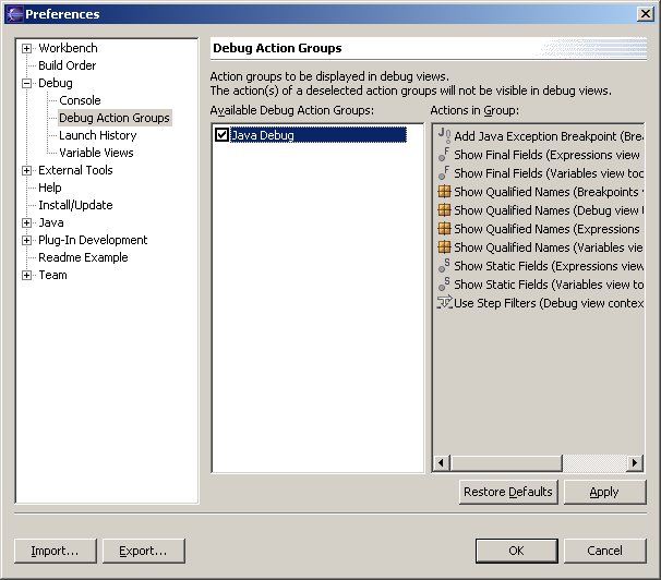 Preferences dialog with debug action groups
