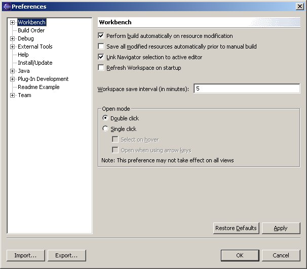 Workbench preferences page