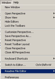 Workbench Window menu with Readme File Editor entry