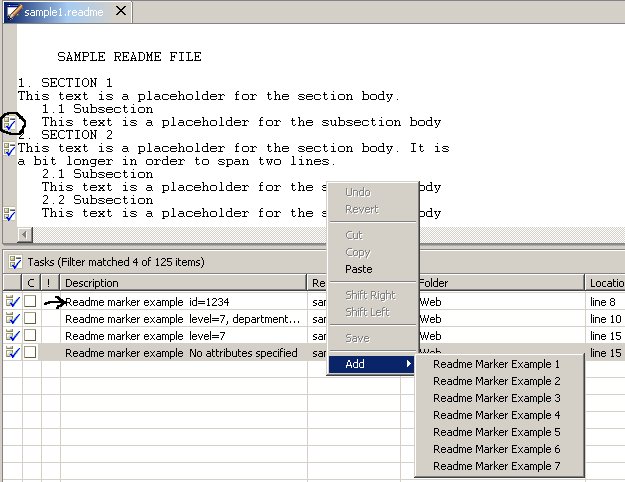 Readme editor with readme markers on left side ruler