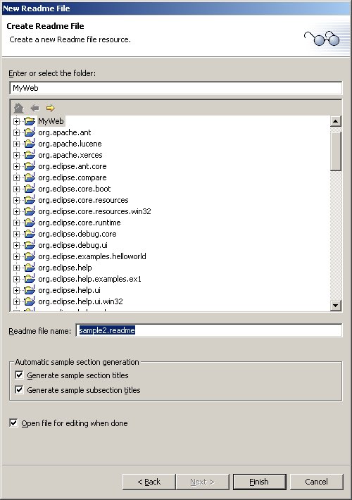 Readme file creation wizard page