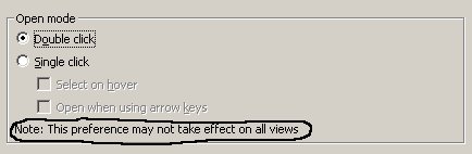 Workbench "Open mode" preferences with disclaimer that the preference may not take effect in all views
