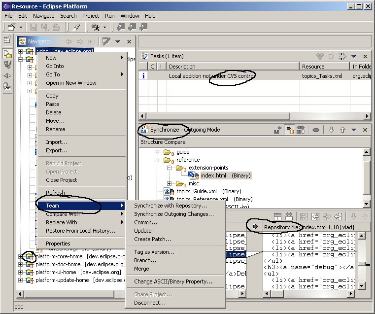 Workbench with CVS menu items, views, tasks, and decorators