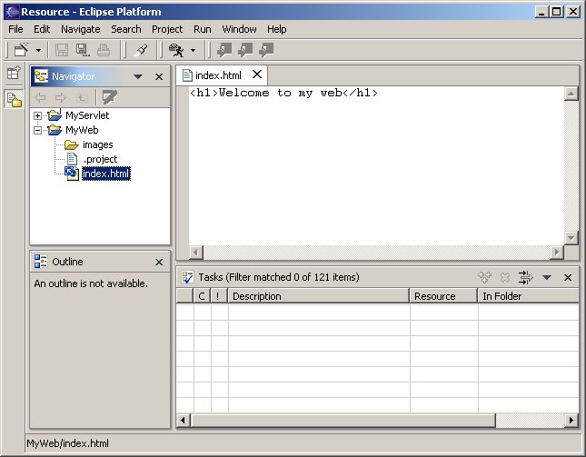 Workbench with navigator view, editor, outliner, and task list