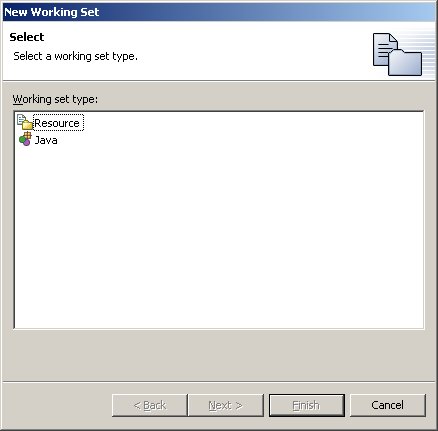Working set dialog showing list of available types