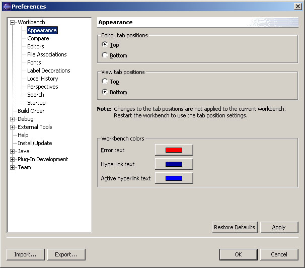 Appearance Preference Page