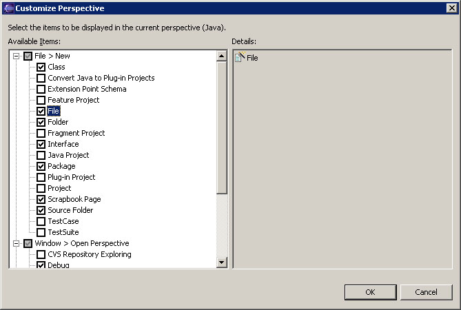 Customize Perspective Dialog