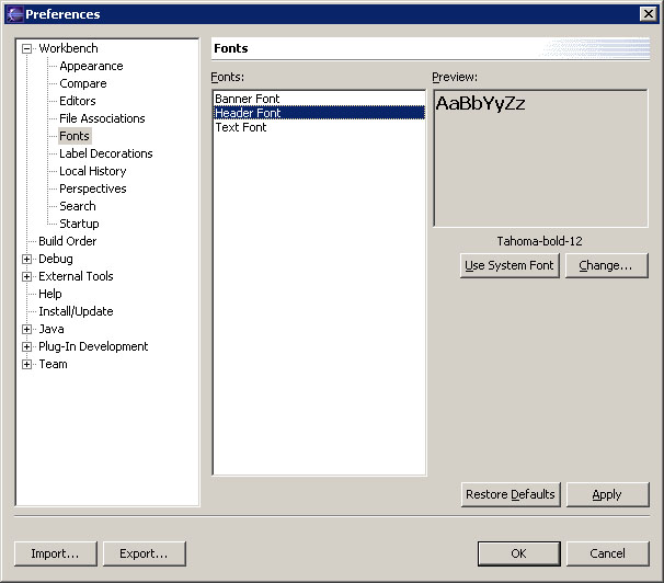 Fonts preference page
