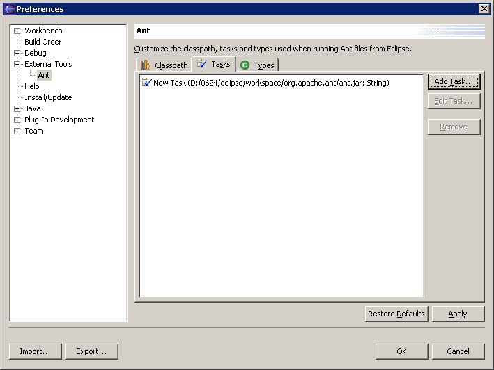 Ant tasks preference page