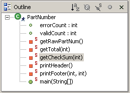 Picture of Outline view showing structure for a Java file