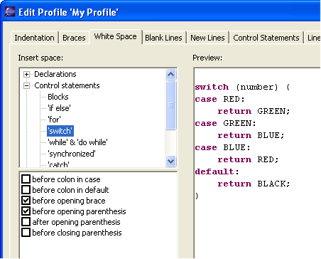 Code Formatter profile edit dialog