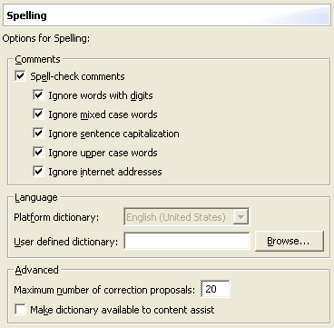 Spelling preference page
