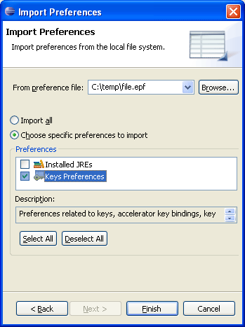 Screen shot of preferences being imported