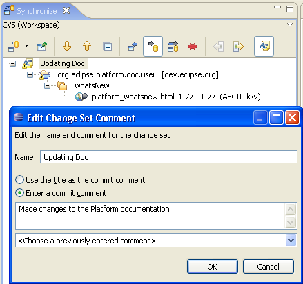 Screenshot of outgoing change sets
