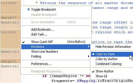 Screenshot of an annotated Java editor - the ruler shows revision numbers, while its background is colored by committer